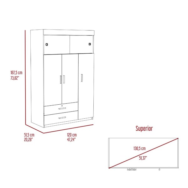 Tuhome Chile Armoire, Rod, 3 Door Cabinet, 2 Drawers, 2 Superior Adjustable Shelves, Metal Hardware, White - CLB5949