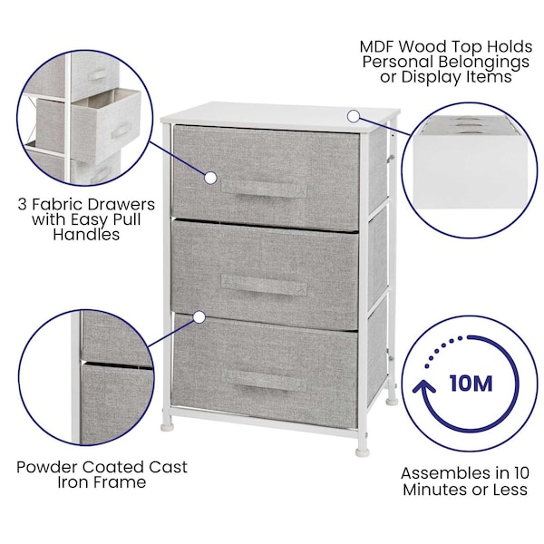 Flash Furniture White/Gray 3 Drawer Storage Dresser Organizer - WX-5L20-X-WH-GR-GG