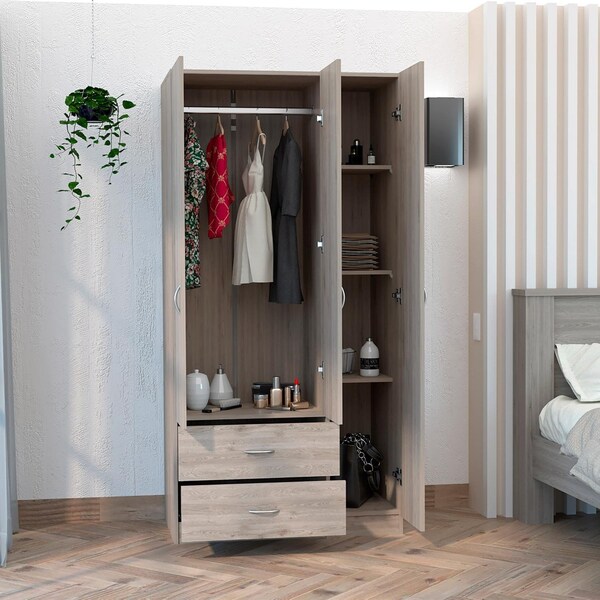 Tuhome Austral 3 Door Armoire with Drawers, Shelves, and Hanging Rod, Light Gray - CLZ5534