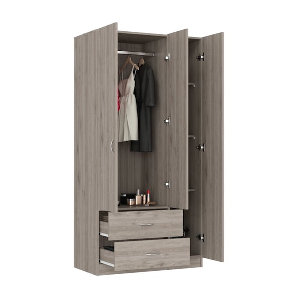 Tuhome Austral 3 Door Armoire with Drawers, Shelves, and Hanging Rod, Light Gray - CLZ5534
