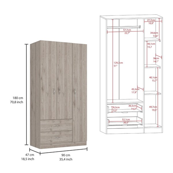 Tuhome Austral 3 Door Armoire with Drawers, Shelves, and Hanging Rod, Light Gray - CLZ5534