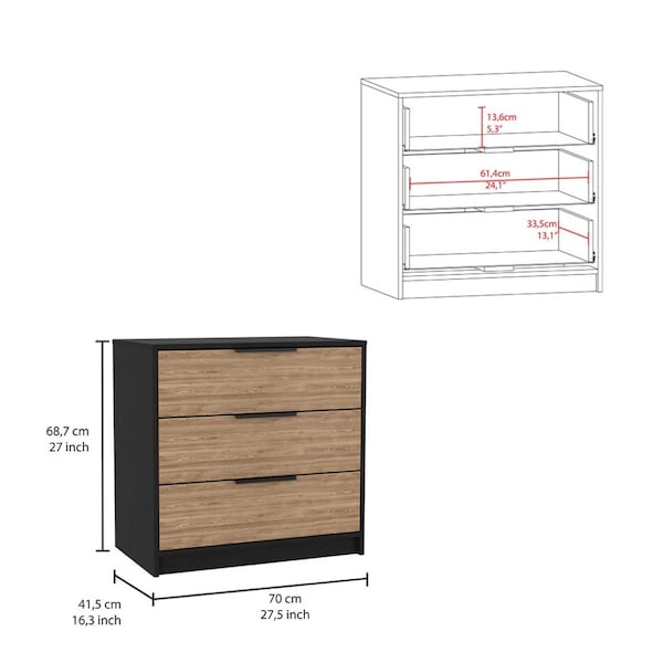 Tuhome Kaia 3 Drawers Dresser, Superior Top, Black/Pine - CTA4224