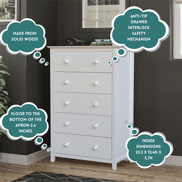 International Concepts Solid Wood Bedroom Dresser/Chest with 5 Drawers, White - BD08-8005