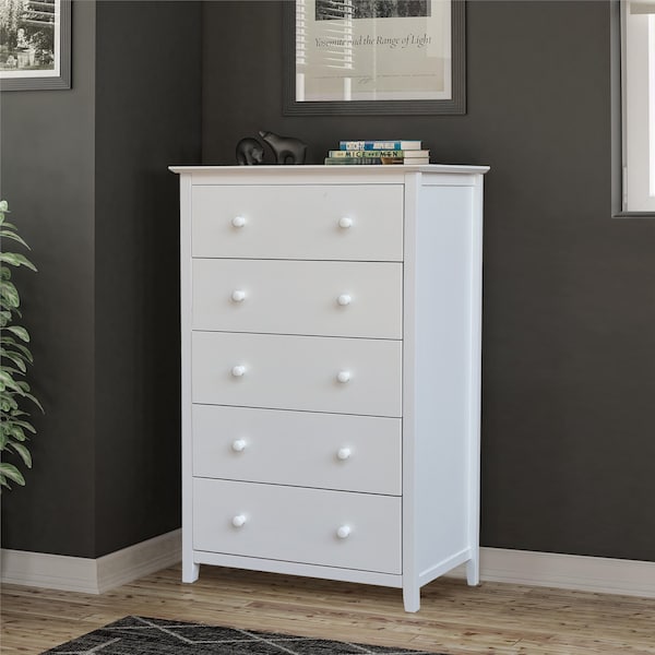 International Concepts Solid Wood Bedroom Dresser/Chest with 5 Drawers, White - BD08-8005