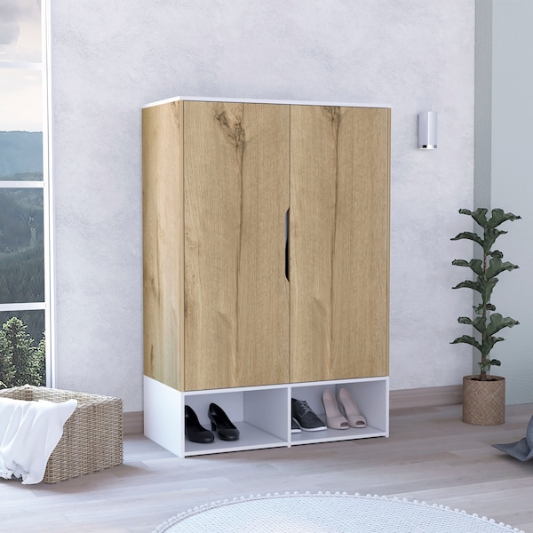 Tuhome Rosie Armoire, Two Open Shelves, Double Door, Five Shelves, Hanging Rod, Light Oak/White - CDB7136