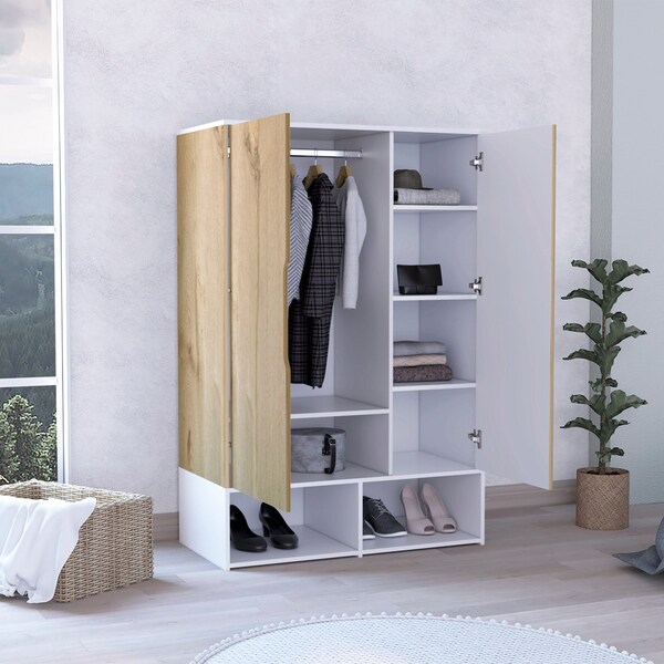 Tuhome Rosie Armoire, Two Open Shelves, Double Door, Five Shelves, Hanging Rod, Light Oak/White - CDB7136