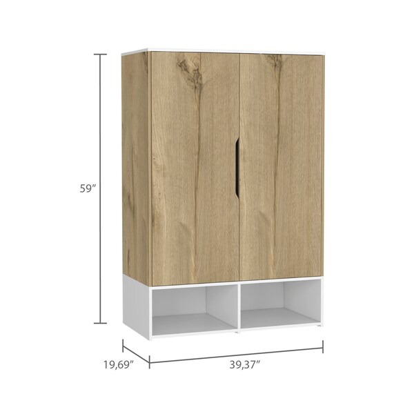 Tuhome Rosie Armoire, Two Open Shelves, Double Door, Five Shelves, Hanging Rod, Light Oak/White - CDB7136