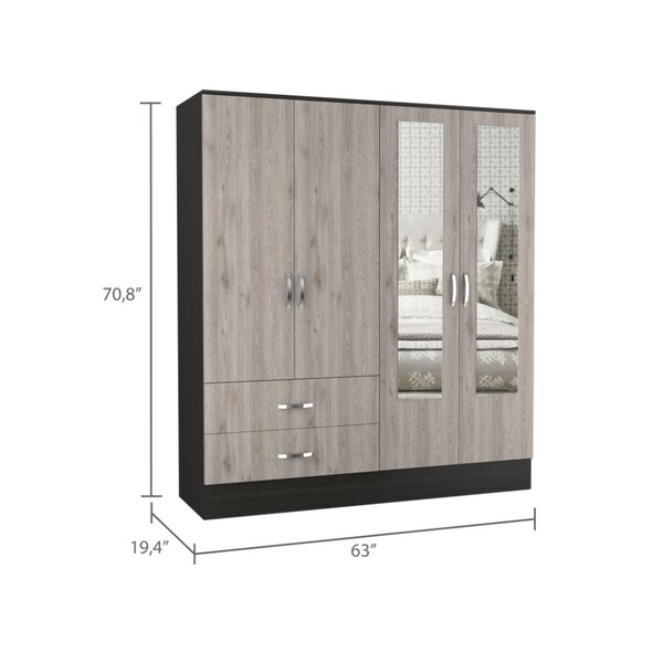 Tuhome Bolton 160 Armoire, 6 Shelves, 2 Door Cabinets, 2 Mirrors, 2 Drawers, Rod, Black/Light Gray - CWZ5951