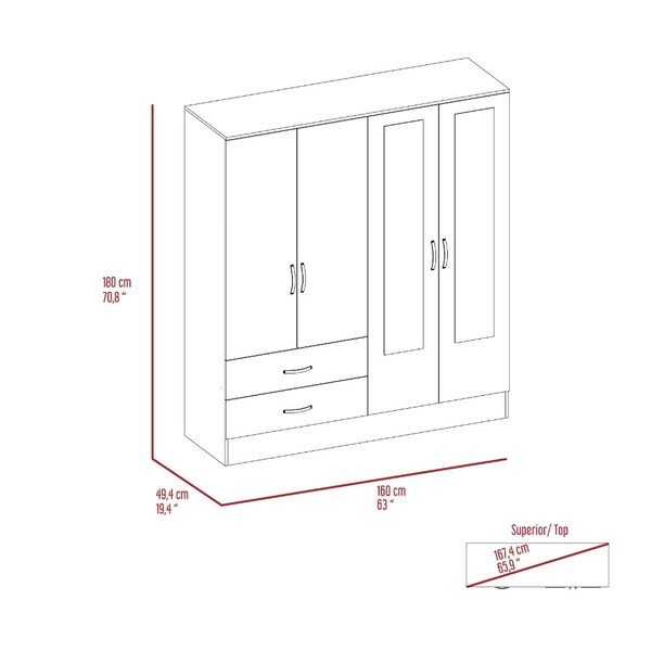 Tuhome Bolton 160 Armoire, 6 Shelves, 2 Door Cabinets, 2 Mirrors, 2 Drawers, Rod, Black/Light Gray - CWZ5951
