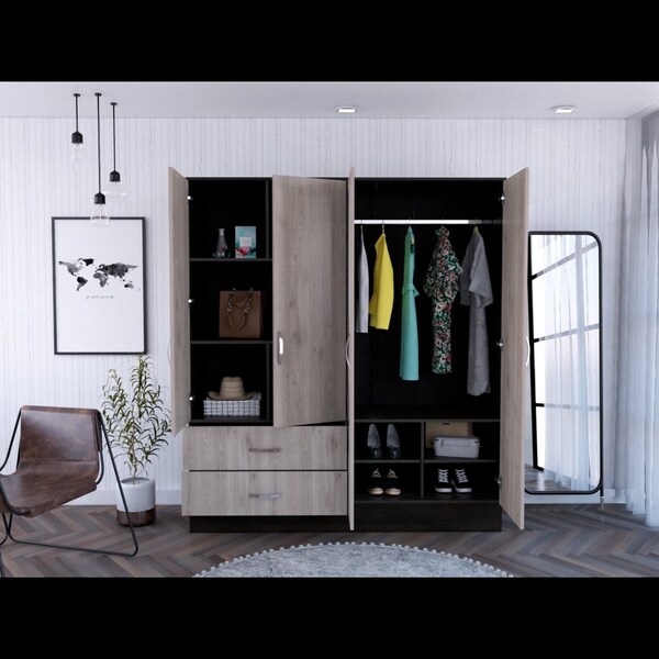Tuhome Bolton 160 Armoire, 6 Shelves, 2 Door Cabinets, 2 Mirrors, 2 Drawers, Rod, Black/Light Gray - CWZ5951