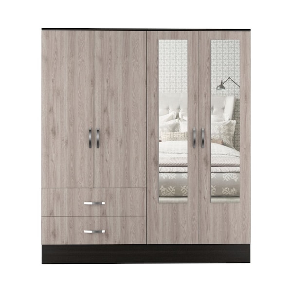 Tuhome Bolton 160 Armoire, 6 Shelves, 2 Door Cabinets, 2 Mirrors, 2 Drawers, Rod, Black/Light Gray - CWZ5951