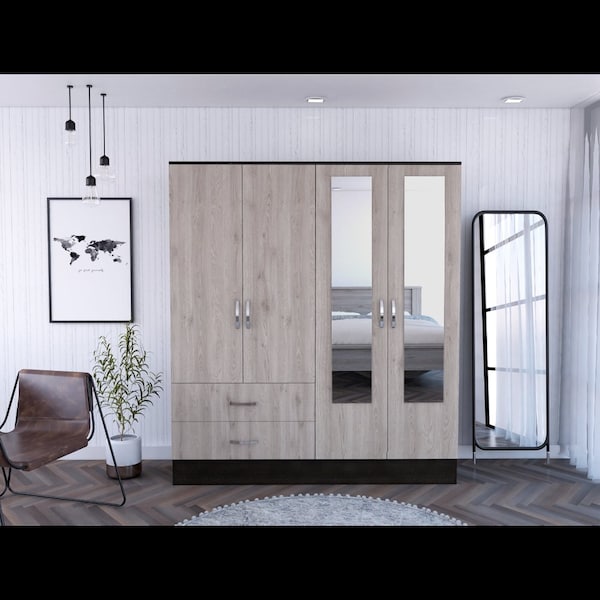 Tuhome Bolton 160 Armoire, 6 Shelves, 2 Door Cabinets, 2 Mirrors, 2 Drawers, Rod, Black/Light Gray - CWZ5951