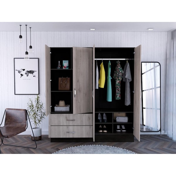 Tuhome Bolton 160 Armoire, 6 Shelves, 2 Door Cabinets, 2 Mirrors, 2 Drawers, Rod, Black/Light Gray - CWZ5951