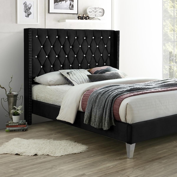 Kd Muebles De Dormitorio 48 x 57 x 81 in. Alexa Velvet Upholstered Full Size Platform Bed Black - KD3360693