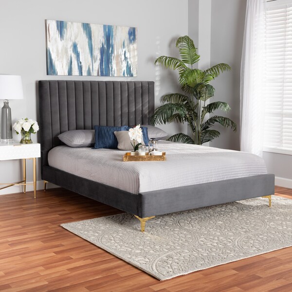 Baxton Studio Serrano Glam and Luxe Grey Velvet Upholstered and Gold Metal King Size Platform Bed - 215-10945-ZORO