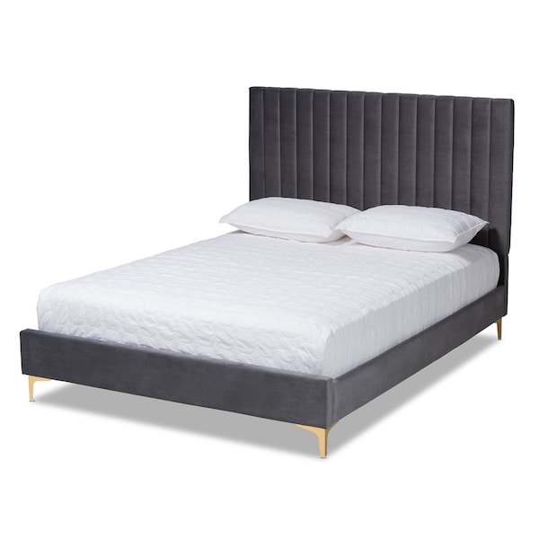 Baxton Studio Serrano Glam and Luxe Grey Velvet Upholstered and Gold Metal King Size Platform Bed - 215-10945-ZORO