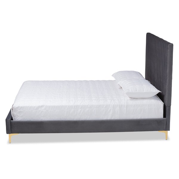 Baxton Studio Serrano Glam and Luxe Grey Velvet Upholstered and Gold Metal King Size Platform Bed - 215-10945-ZORO