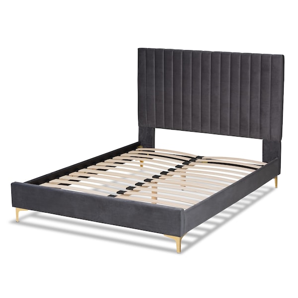 Baxton Studio Serrano Glam and Luxe Grey Velvet Upholstered and Gold Metal King Size Platform Bed - 215-10945-ZORO