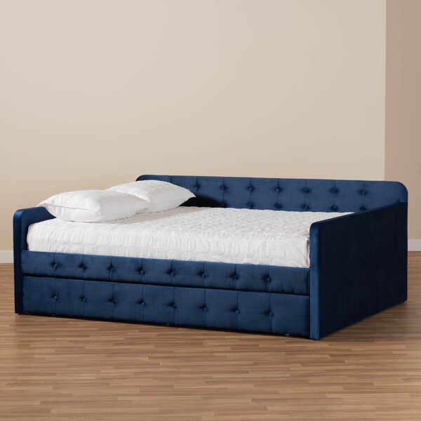 Baxton Studio Jona Blue Velvet and Button Tufted Queen Size Daybed with Trundle - 169-10848
