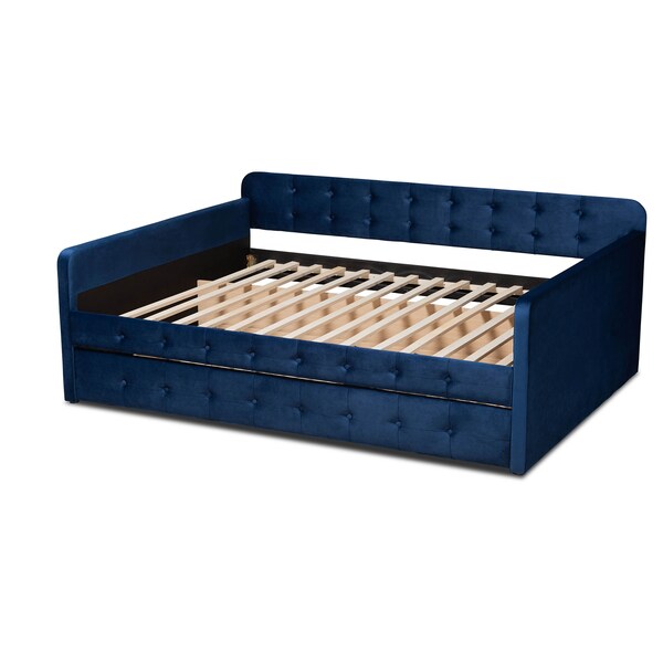 Baxton Studio Jona Blue Velvet and Button Tufted Queen Size Daybed with Trundle - 169-10848
