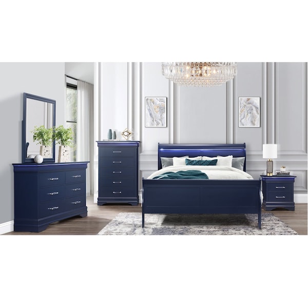Global Furniture Usa Traditional Glam Rich Blue W /LED Charlie Blue Queen Bed Group With Led - 2781
