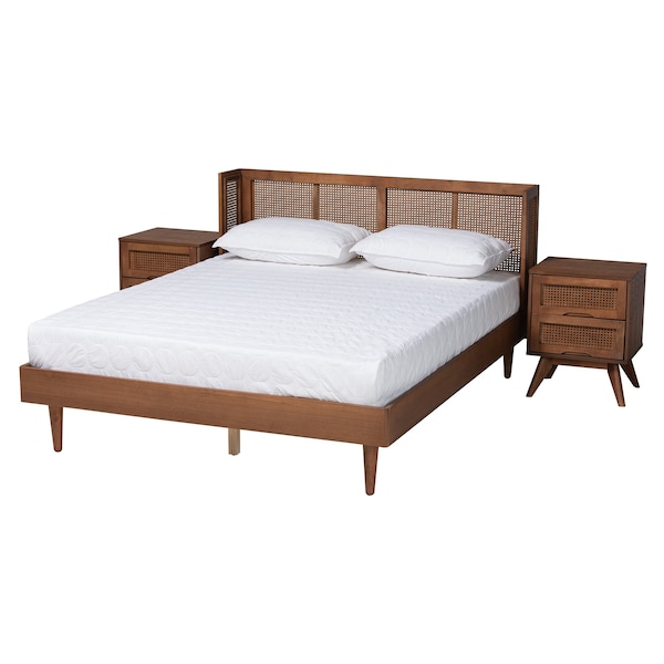 Baxton Studio Rina MidCentury Modern Ash Walnut Finished Wood 3Piece King Size Bedroom Set with Synthetic Rattan - 223-9816-9817-11298-ZORO