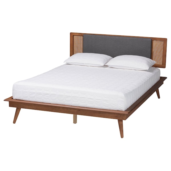 Baxton Studio Delfina Mid-Century Modern Dark Grey Fabric and Walnut Brown Finished Wood Full Size Platform Bed - 239-12635-9801-ZORO