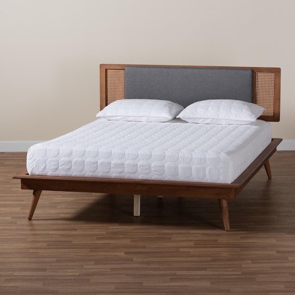 Baxton Studio Delfina Mid-Century Modern Dark Grey Fabric and Walnut Brown Finished Wood Full Size Platform Bed - 239-12635-9801-ZORO