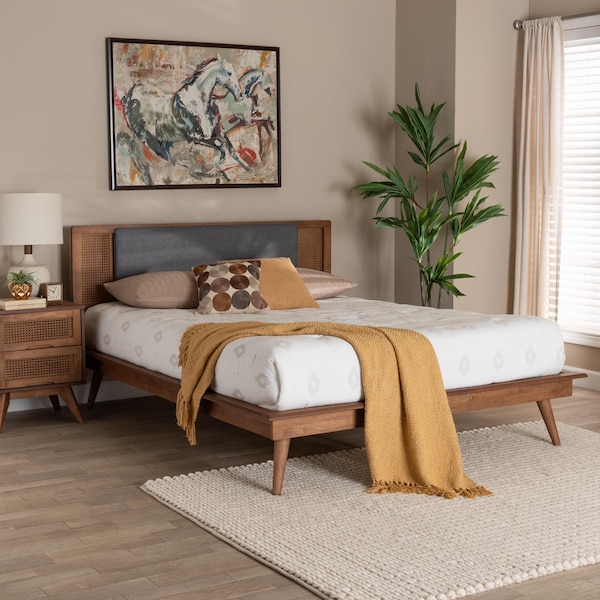 Baxton Studio Delfina Mid-Century Modern Dark Grey Fabric and Walnut Brown Finished Wood Full Size Platform Bed - 239-12635-9801-ZORO