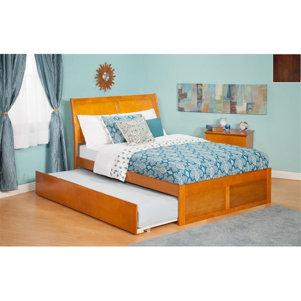 Atlantic Furniture Portland Twin Bed with Flat Panel Footboard and Urban Trundle in an Antique Walnut Finish - AR8922014
