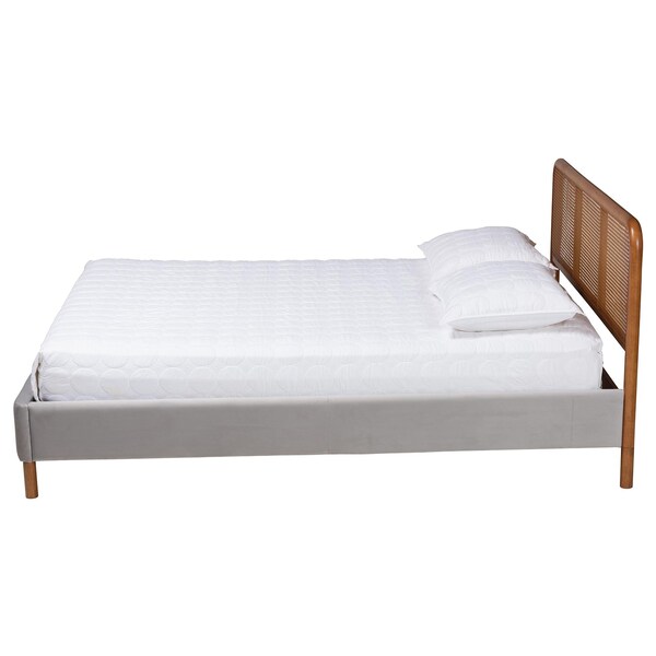 Baxton Studio Rosita Mid-Century Modern Light Grey Velvet Fabric and Walnut Brown Finished Platform Bed-Queen - 242-13530-ZORO