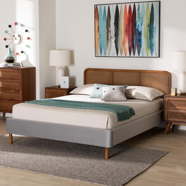 Baxton Studio Rosita Mid-Century Modern Light Grey Velvet Fabric and Walnut Brown Finished Platform Bed-Queen - 242-13530-ZORO