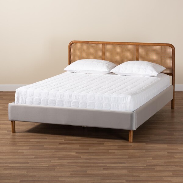 Baxton Studio Rosita Mid-Century Modern Light Grey Velvet Fabric and Walnut Brown Finished Platform Bed-Queen - 242-13530-ZORO