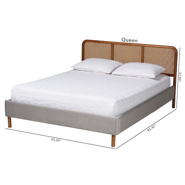 Baxton Studio Rosita Mid-Century Modern Light Grey Velvet Fabric and Walnut Brown Finished Platform Bed-Queen - 242-13530-ZORO
