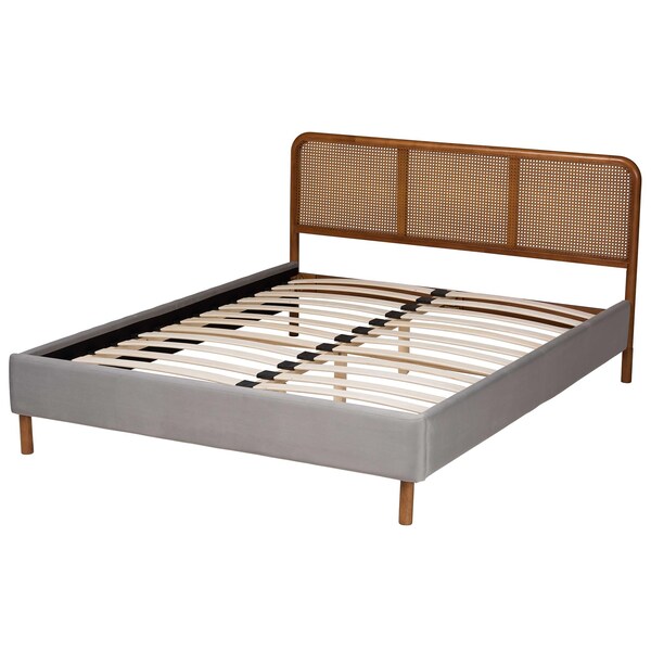 Baxton Studio Rosita Mid-Century Modern Light Grey Velvet Fabric and Walnut Brown Finished Platform Bed-Queen - 242-13530-ZORO