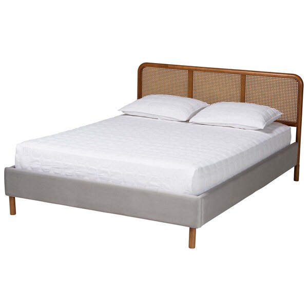 Baxton Studio Rosita Mid-Century Modern Light Grey Velvet Fabric and Walnut Brown Finished Platform Bed-Queen - 242-13530-ZORO