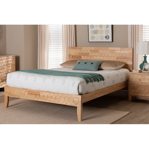 Baxton Studio Hosea Japandi Carved Honeycomb Natural Queen Size Platform Bed - 246-13619-ZORO