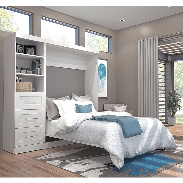 Bestar Bestar Pur Full Murphy Bed and Shelving Unit with Drawers (84W) in White - 26868-17