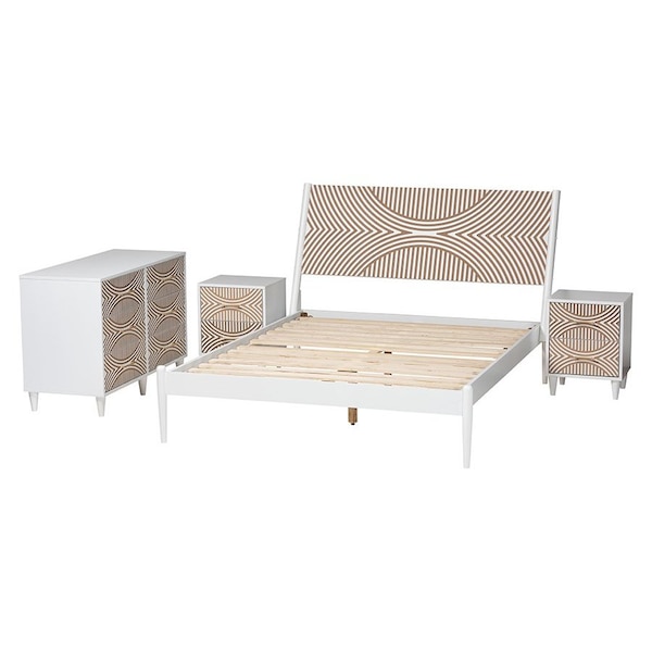 Baxton Studio Louetta Coastal White Caved Contrasting Queen Size 4-Piece Bedroom Set - 246-13621-13628-13628-13625-ZORO