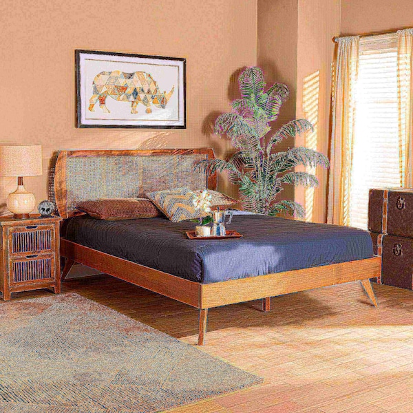 Baxton Studio Asami Mid-Century Modern Walnut Brown Finished Wood and Synthetic Rattan Full Size Platform Bed - 183-11116-9407-ZORO