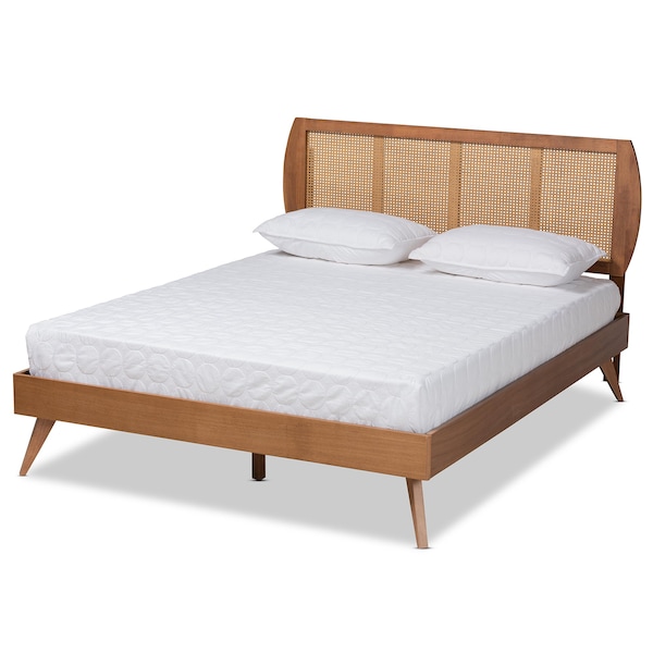 Baxton Studio Asami Mid-Century Modern Walnut Brown Finished Wood and Synthetic Rattan Full Size Platform Bed - 183-11116-9407-ZORO