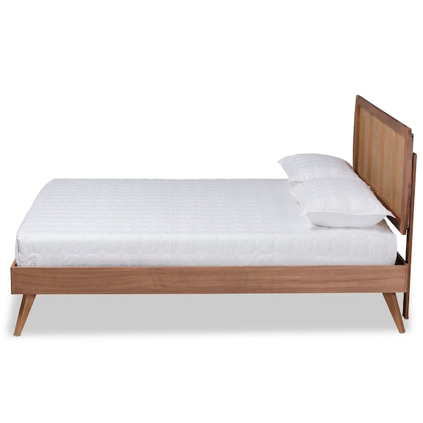 Baxton Studio Asami Mid-Century Modern Walnut Brown Finished Wood and Synthetic Rattan Full Size Platform Bed - 183-11116-9407-ZORO