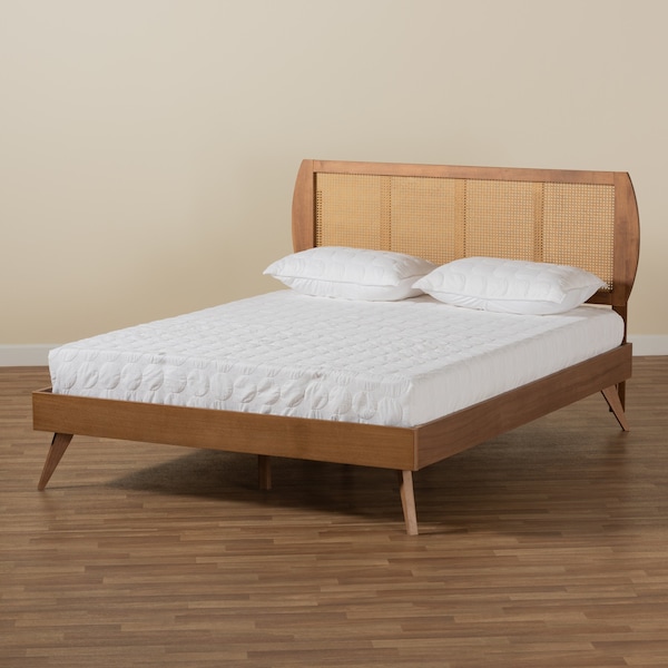 Baxton Studio Asami Mid-Century Modern Walnut Brown Finished Wood and Synthetic Rattan Full Size Platform Bed - 183-11116-9407-ZORO