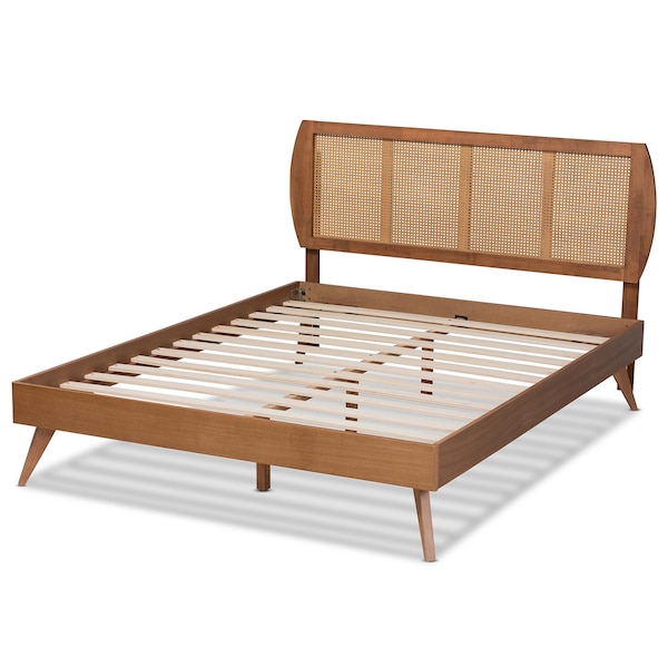 Baxton Studio Asami Mid-Century Modern Walnut Brown Finished Wood and Synthetic Rattan Full Size Platform Bed - 183-11116-9407-ZORO