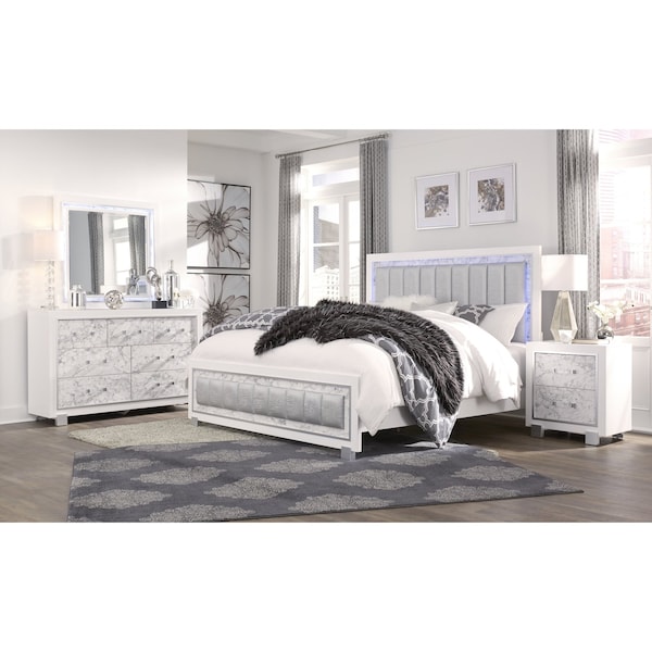 Global Furniture Usa Transitional Glam Marble, Metallic Santorini White Full Bed Group - 2884