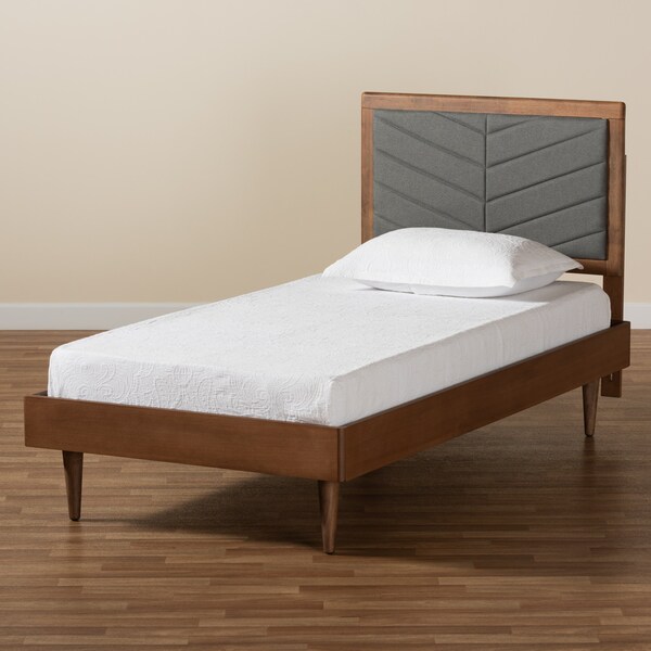 Baxton Studio Tasha Mid-Century Dark Grey Fabric Upholstered and Walnut brown Finished Wood Platform Bed-Twin - 192-11542-11158-ZORO