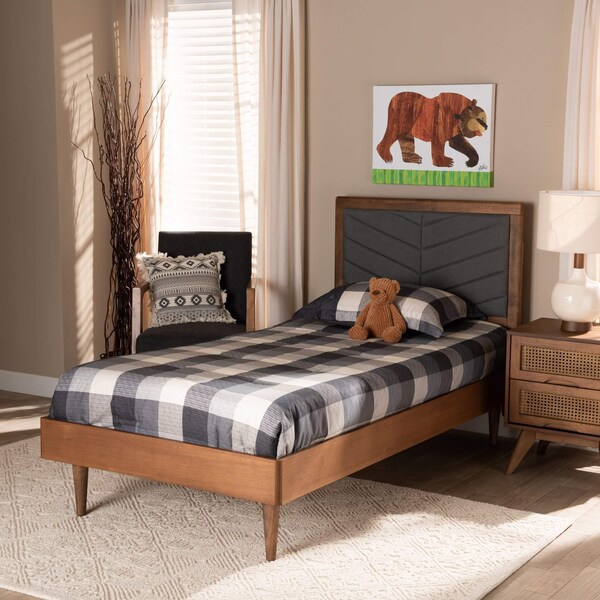 Baxton Studio Tasha Mid-Century Dark Grey Fabric Upholstered and Walnut brown Finished Wood Platform Bed-Twin - 192-11542-11158-ZORO