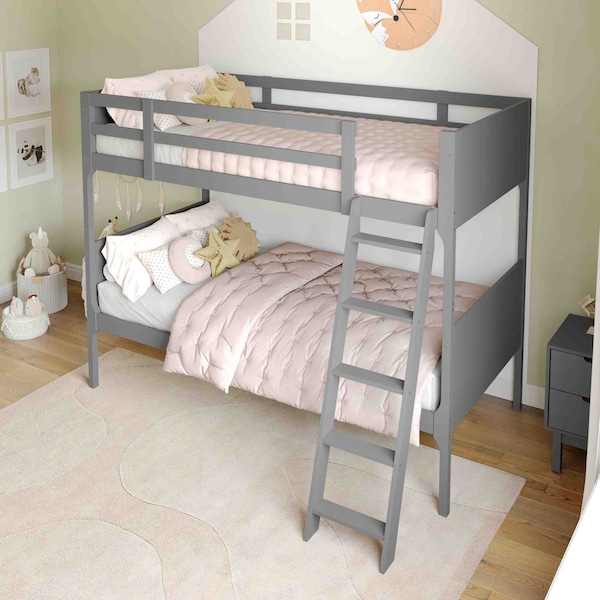 Flash Furniture Dallas Bunk Bed Twin Over Twin, Convertible Slatted Solid Wood Bunk Bed Frame w/Ladder, Gray - MG-0900-31-TTB-GY-GG