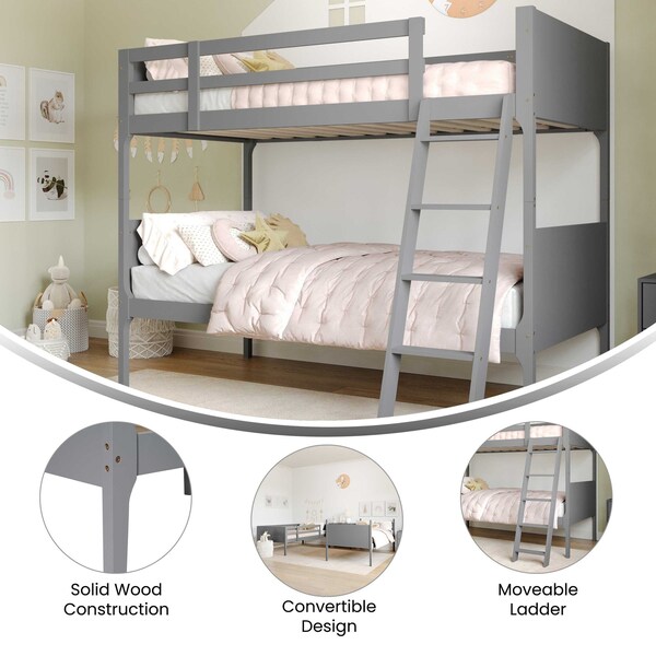 Flash Furniture Dallas Bunk Bed Twin Over Twin, Convertible Slatted Solid Wood Bunk Bed Frame w/Ladder, Gray - MG-0900-31-TTB-GY-GG