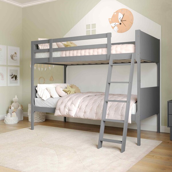 Flash Furniture Dallas Bunk Bed Twin Over Twin, Convertible Slatted Solid Wood Bunk Bed Frame w/Ladder, Gray - MG-0900-31-TTB-GY-GG